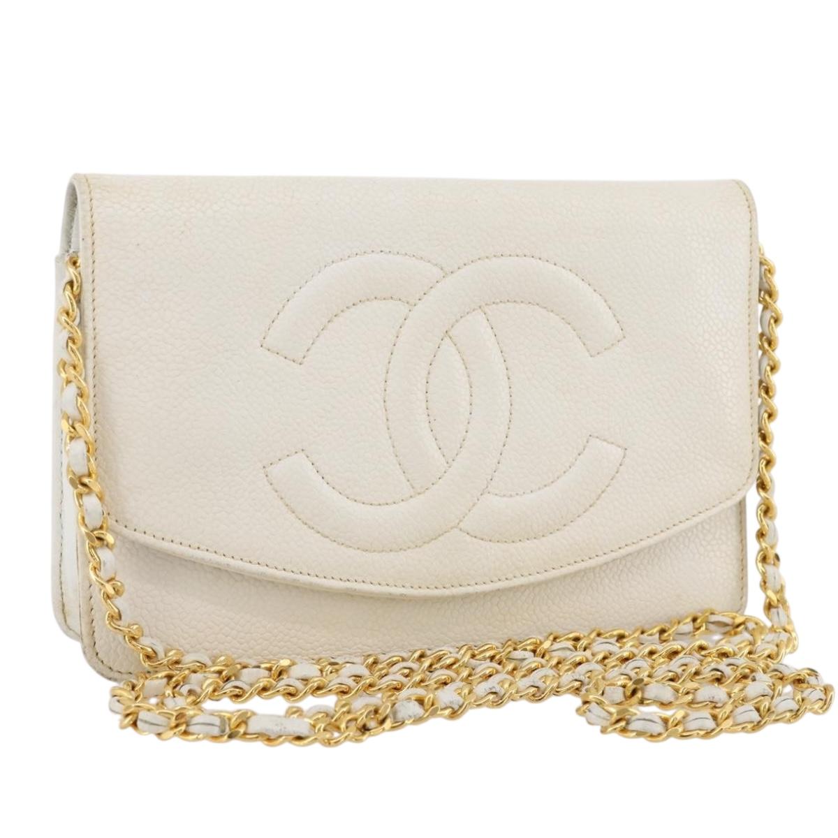 CHANEL Chain Shoulder Bag Caviar Skin White Gold CC Auth 204805