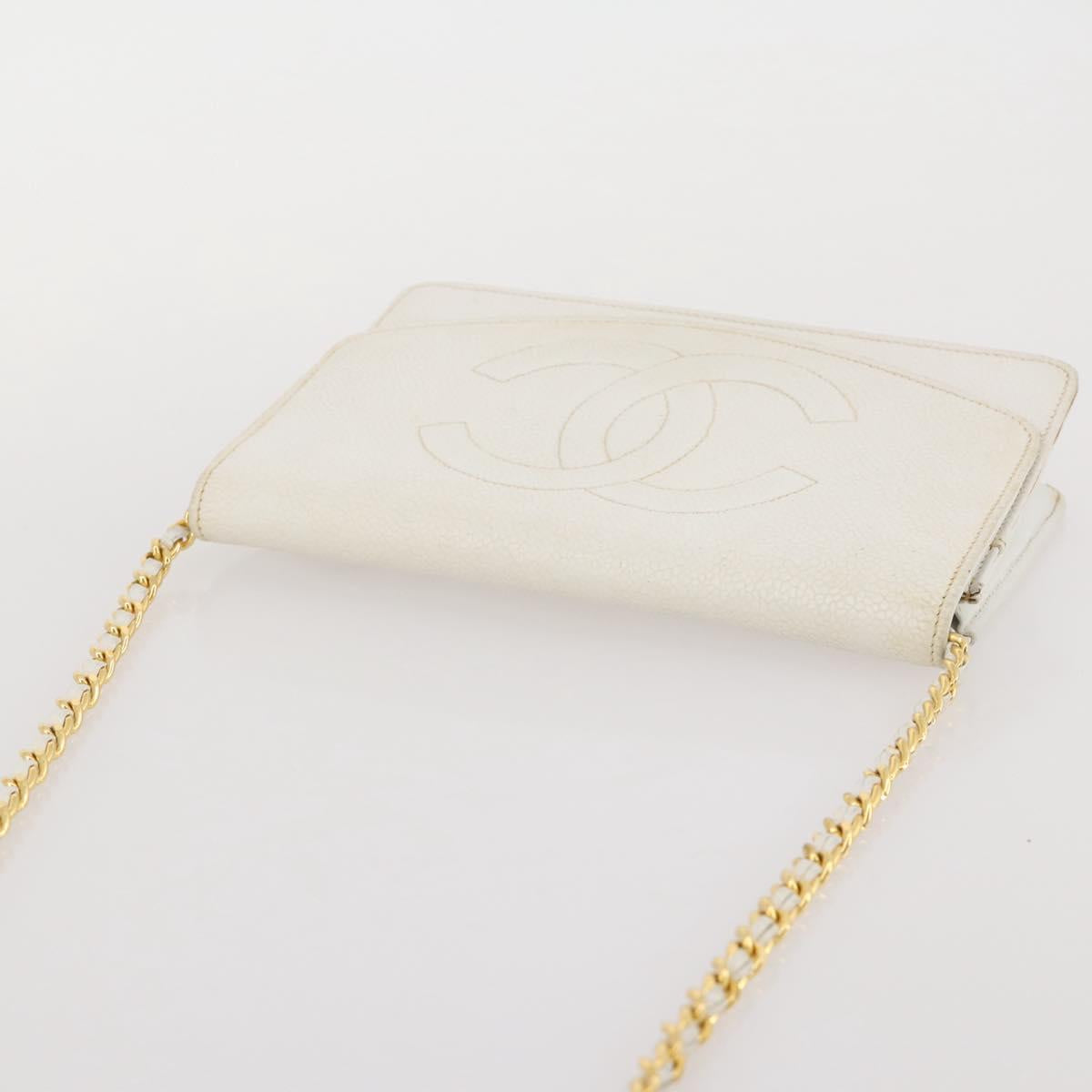 CHANEL Chain Shoulder Bag Caviar Skin White Gold CC Auth 204805