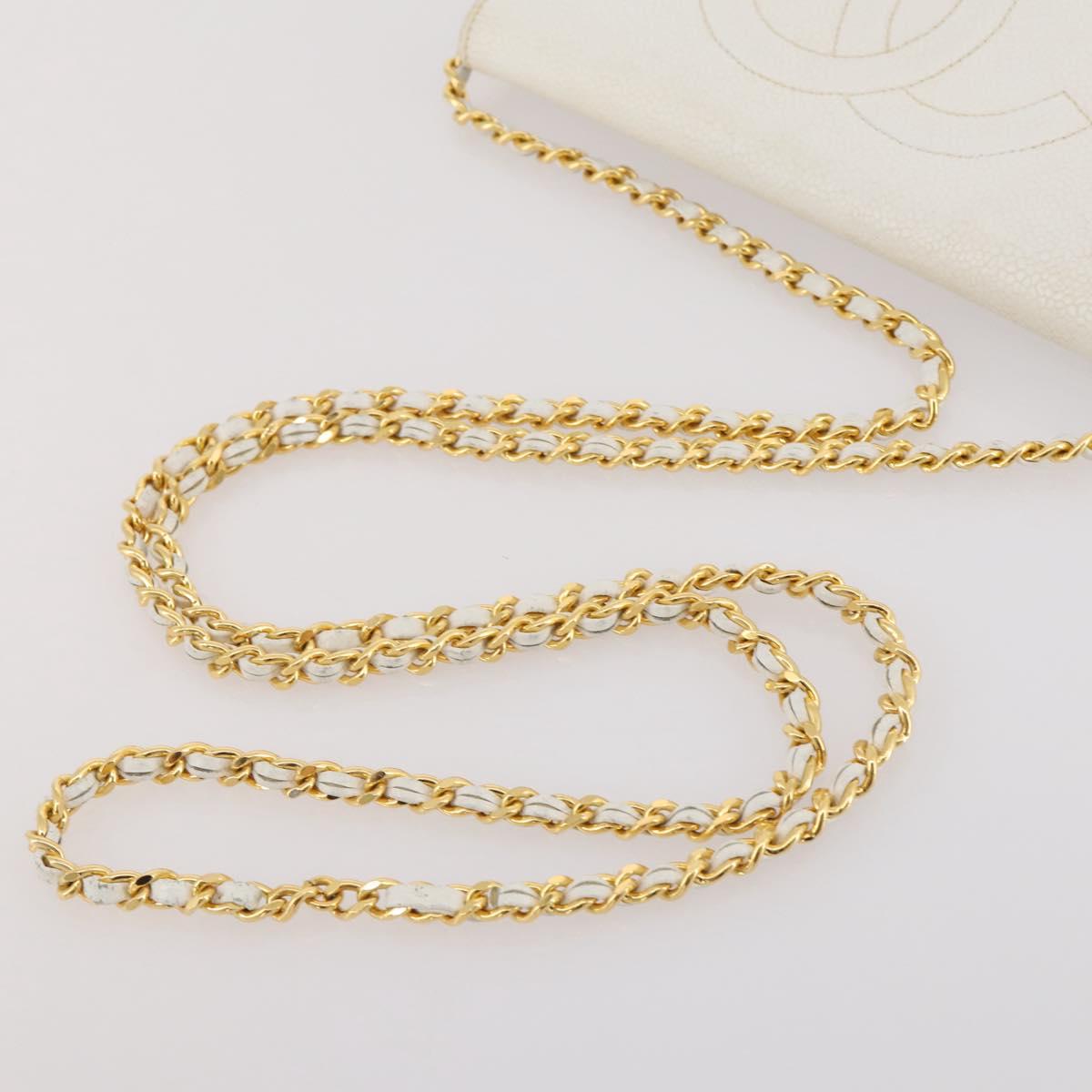 CHANEL Chain Shoulder Bag Caviar Skin White Gold CC Auth 204805
