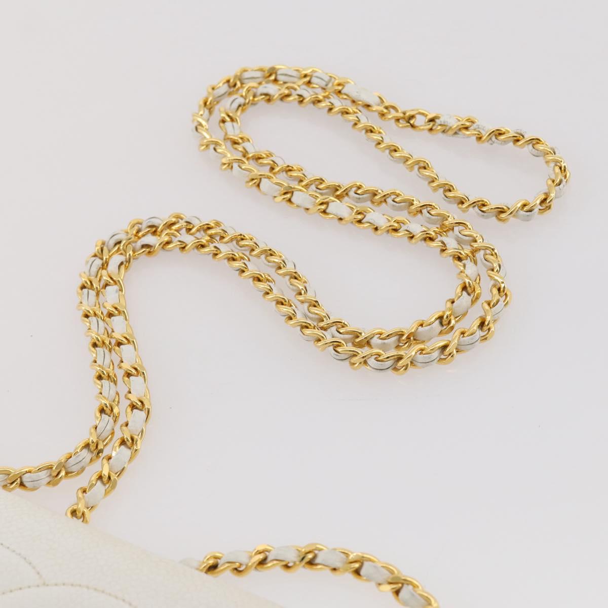 CHANEL Chain Shoulder Bag Caviar Skin White Gold CC Auth 204805