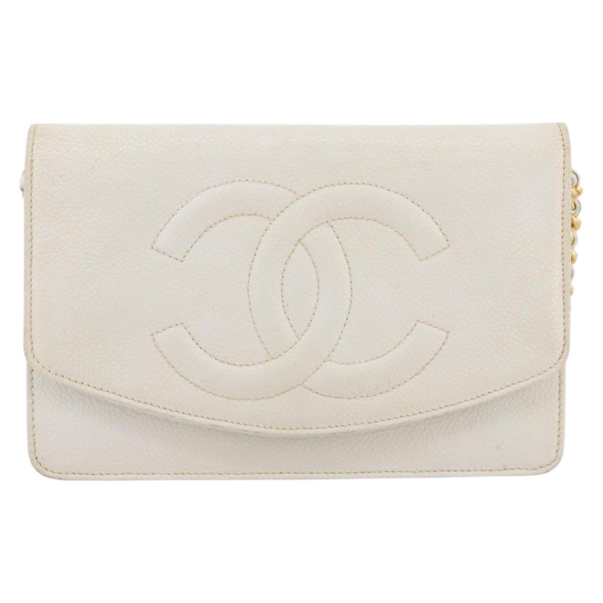 CHANEL Chain Shoulder Bag Caviar Skin White Gold CC Auth 204805