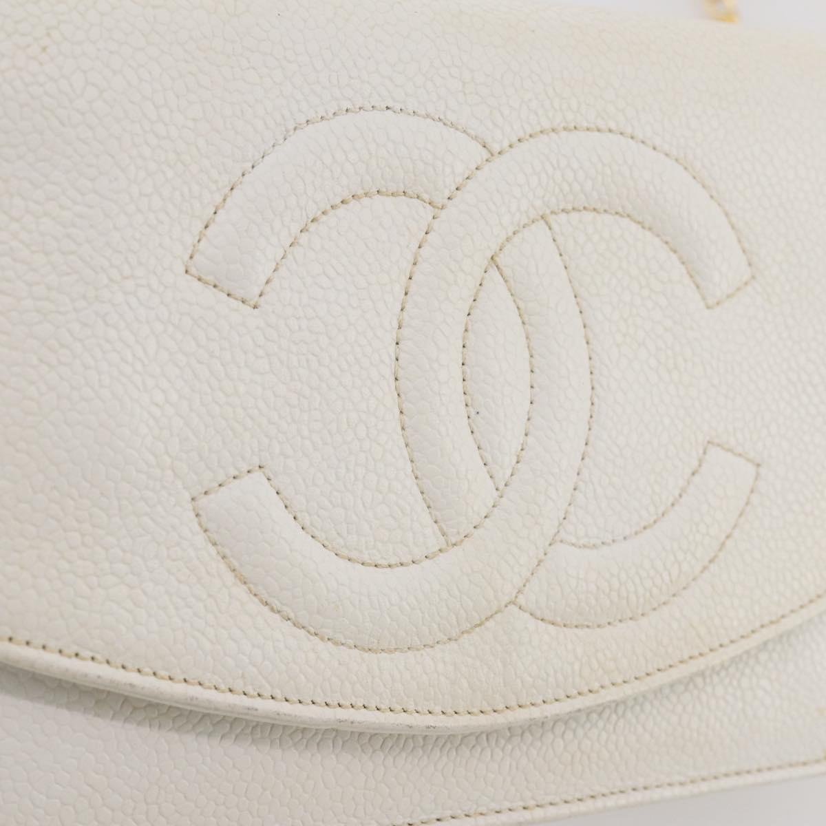 CHANEL Chain Shoulder Bag Caviar Skin White Gold CC Auth 204805
