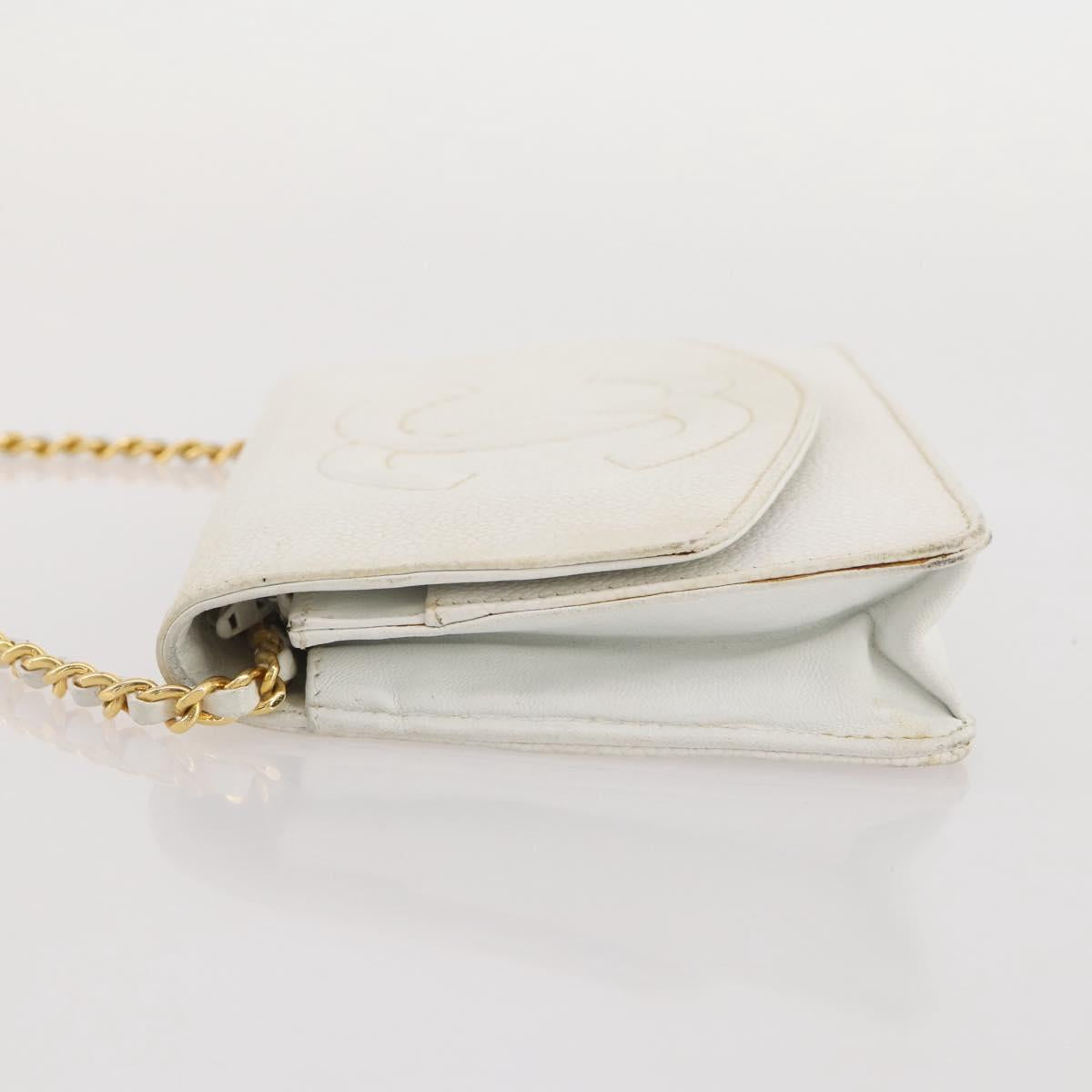 CHANEL Chain Shoulder Bag Caviar Skin White Gold CC Auth 204805