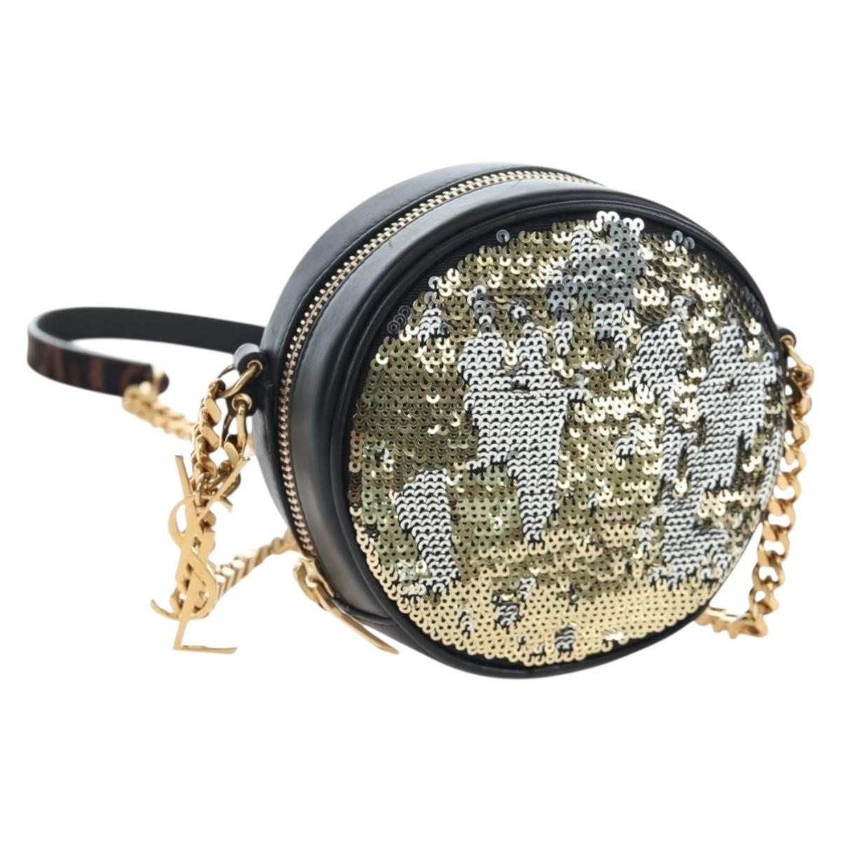 SAINT LAURENT Chain Shoulder Bag Sequin Black Gold Tone Auth 204808SAM