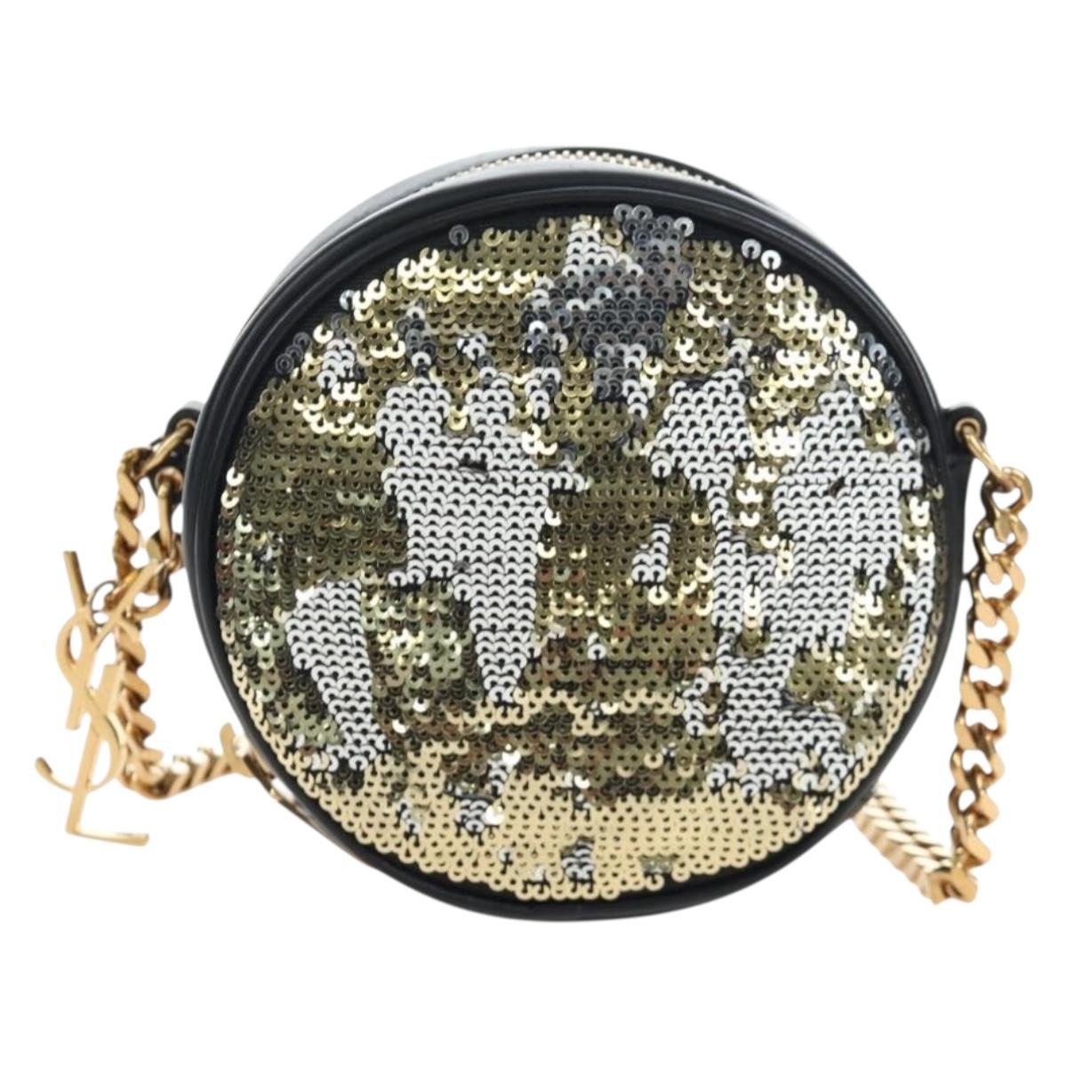 SAINT LAURENT Chain Shoulder Bag Sequin Black Gold Tone Auth 204808SAM