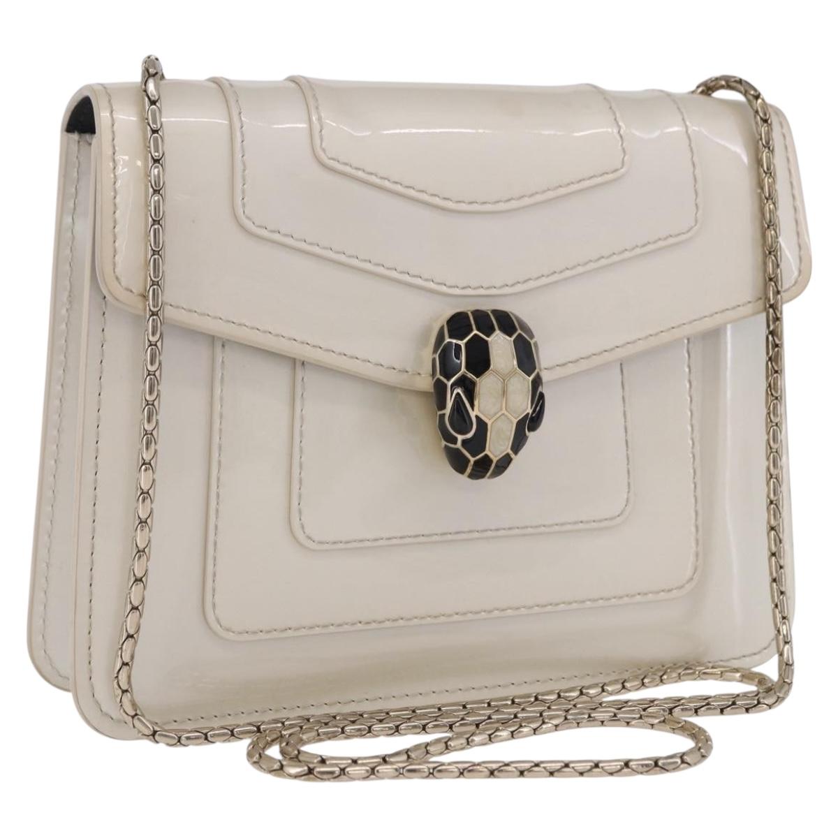 BVLGARI Serpenti Chain Shoulder Bag Patent Leather White Gold Auth 204809A
