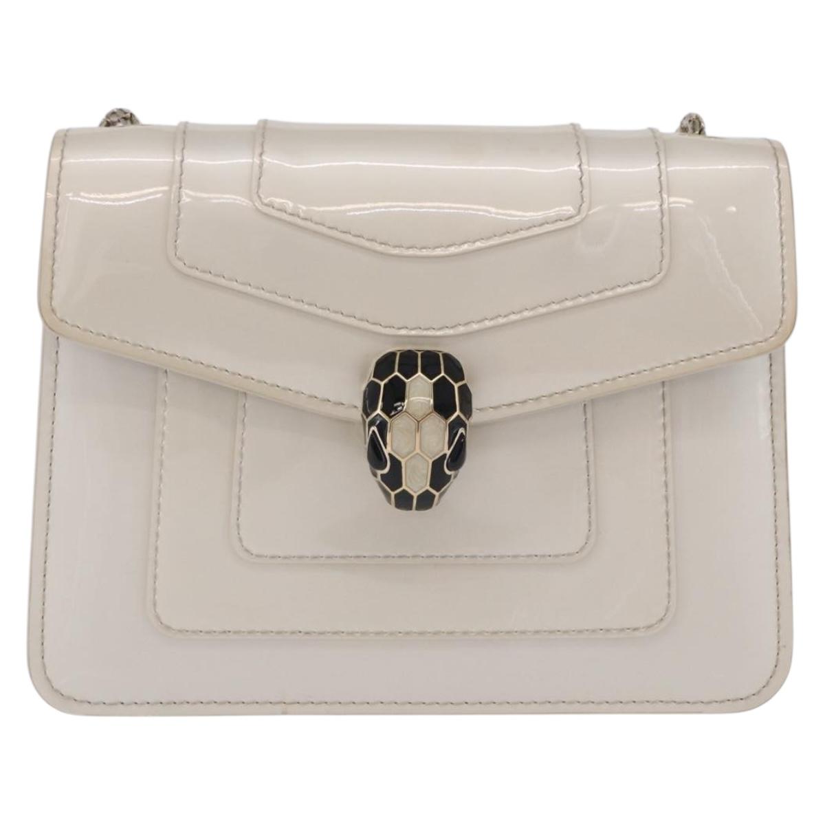 BVLGARI Serpenti Chain Shoulder Bag Patent Leather White Gold Auth 204809A