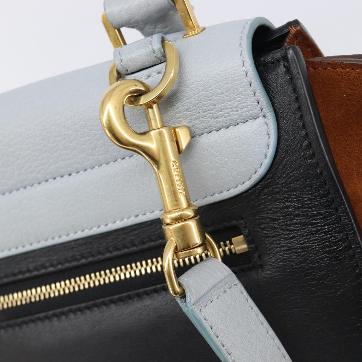 CELINE Trapeze Hand Bag Leather 2way Light Blue Gold Auth 204832V