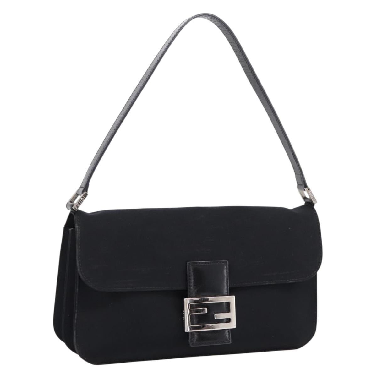 FENDI Mamma Baguette Shoulder Bag Cotton jersey Black Silver Auth 204836