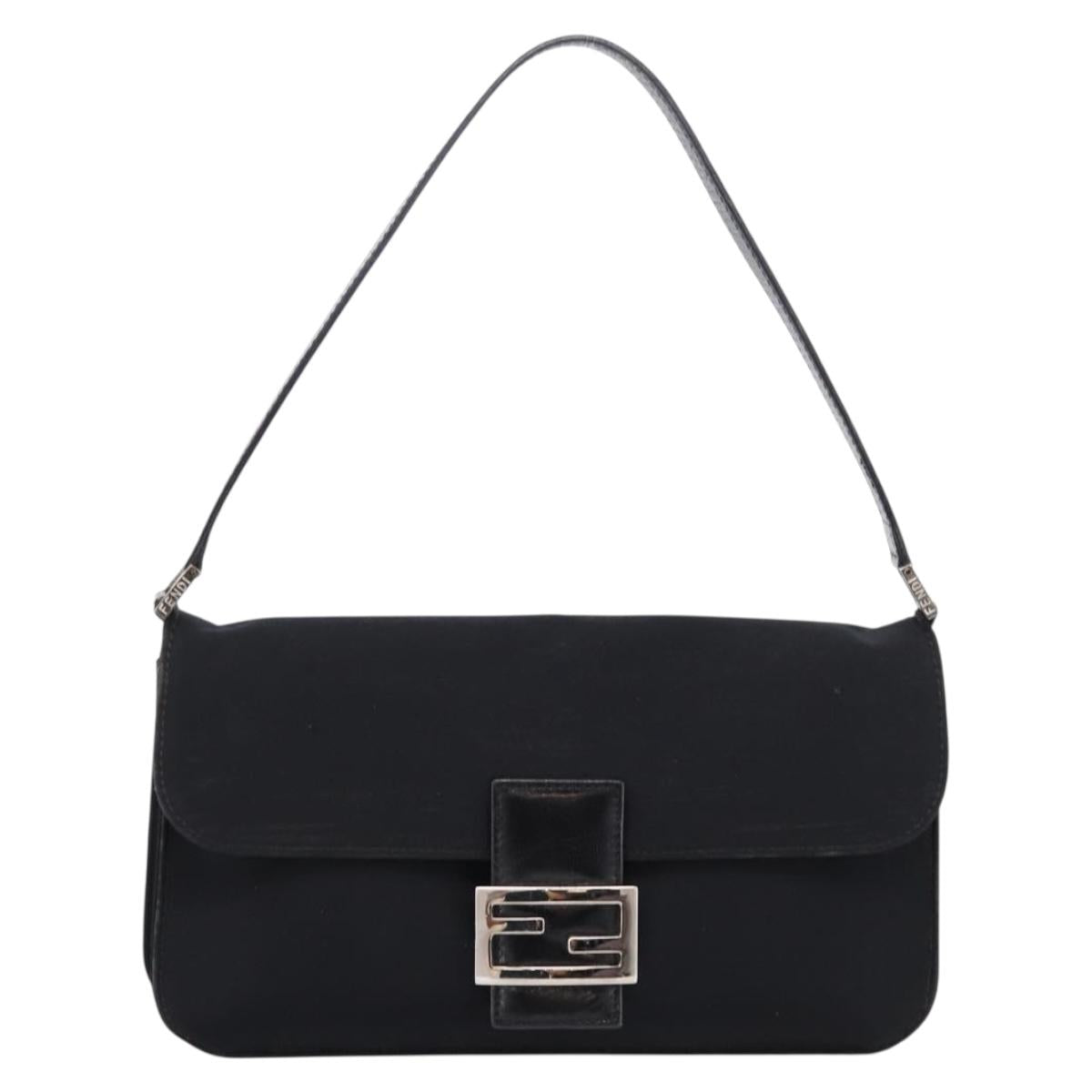 FENDI Mamma Baguette Shoulder Bag Cotton jersey Black Silver Auth 204836