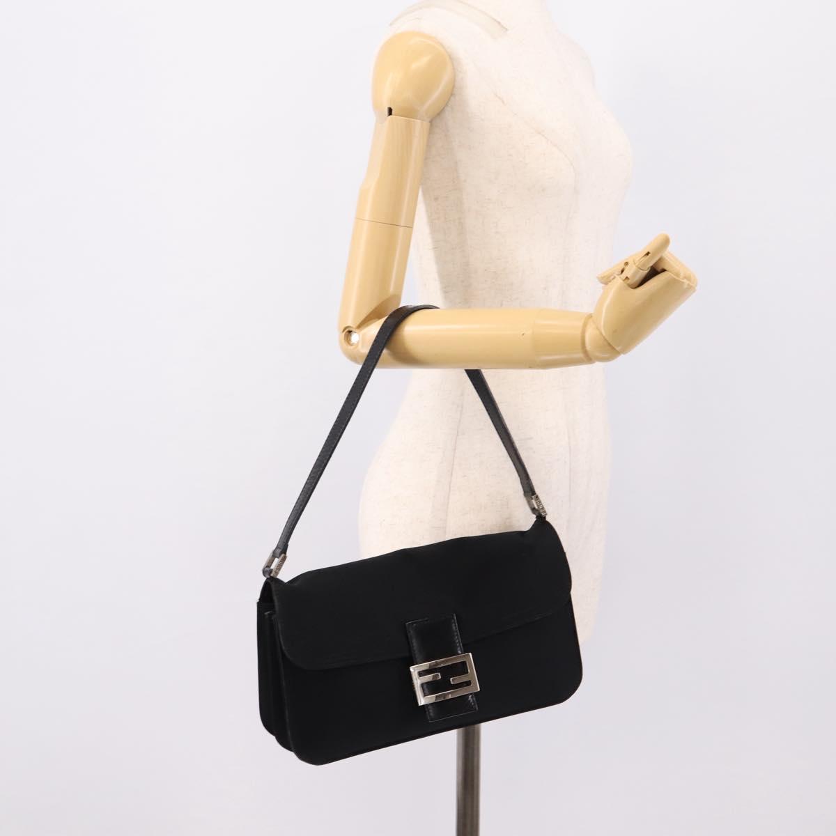 FENDI Mamma Baguette Shoulder Bag Cotton jersey Black Silver Auth 204836