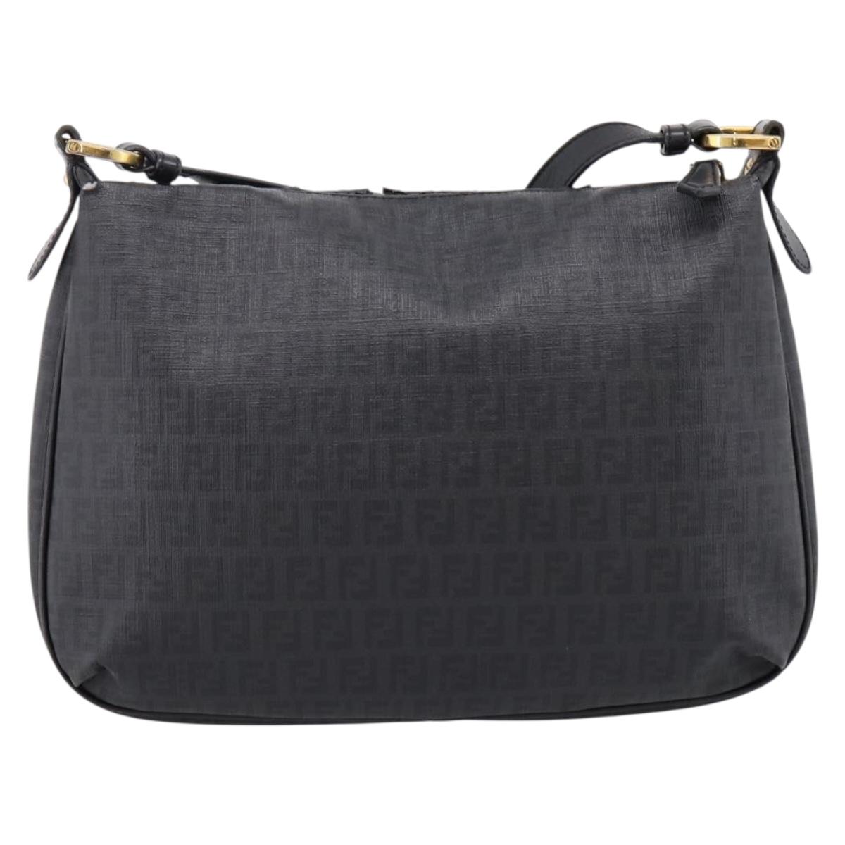 FENDI Zucchino Canvas Shoulder Bag PVC Black Gold Auth 204845