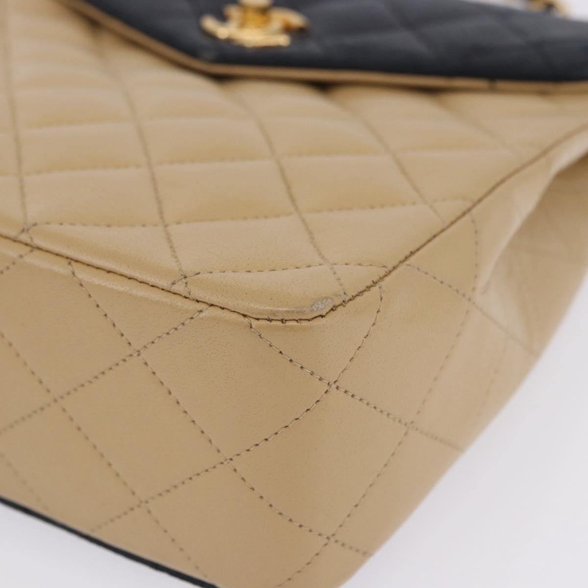 CHANEL Matelasse Chain Shoulder Bag Lamb Skin Beige Gold CC Auth 204855A
