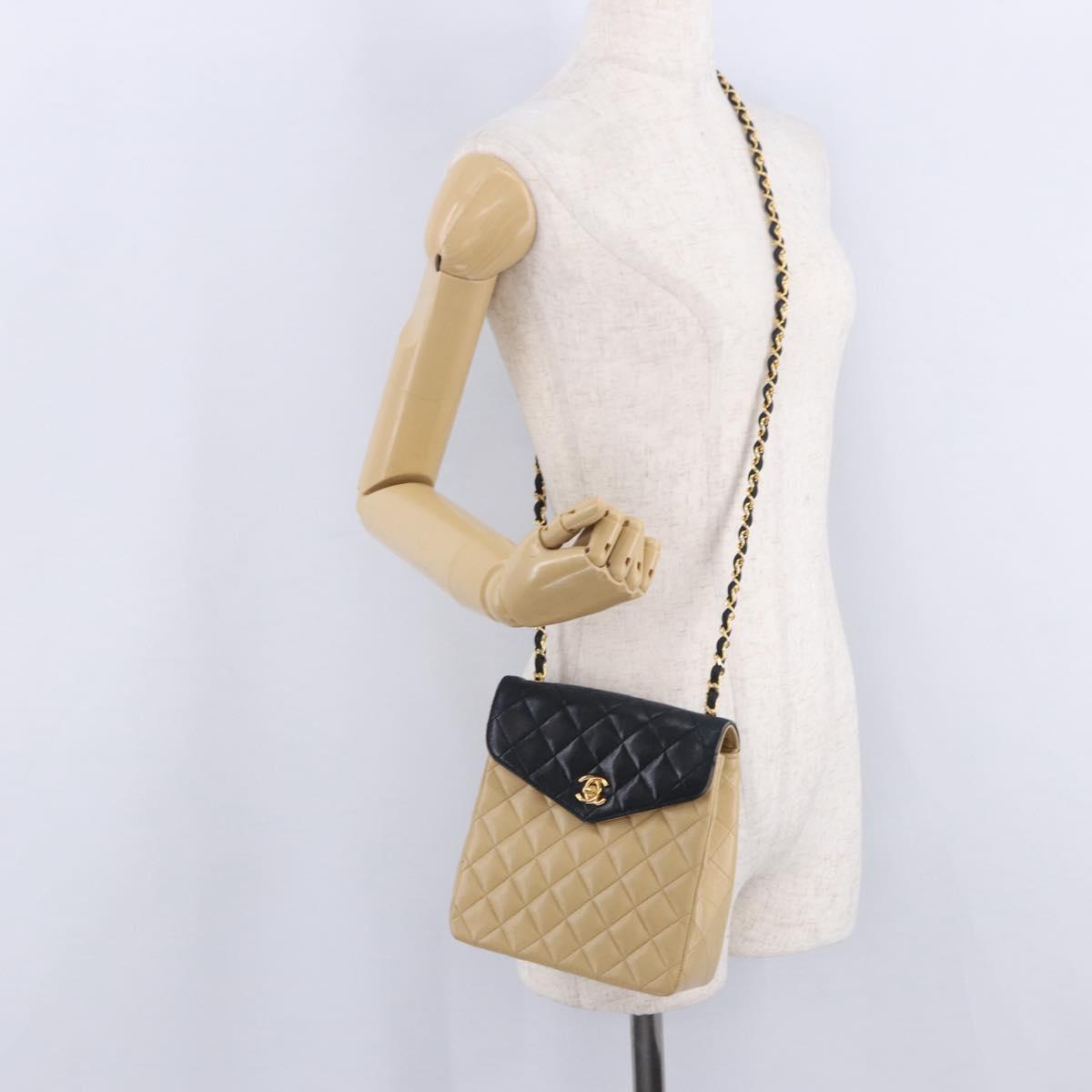 CHANEL Matelasse Chain Shoulder Bag Lamb Skin Beige Gold CC Auth 204855A