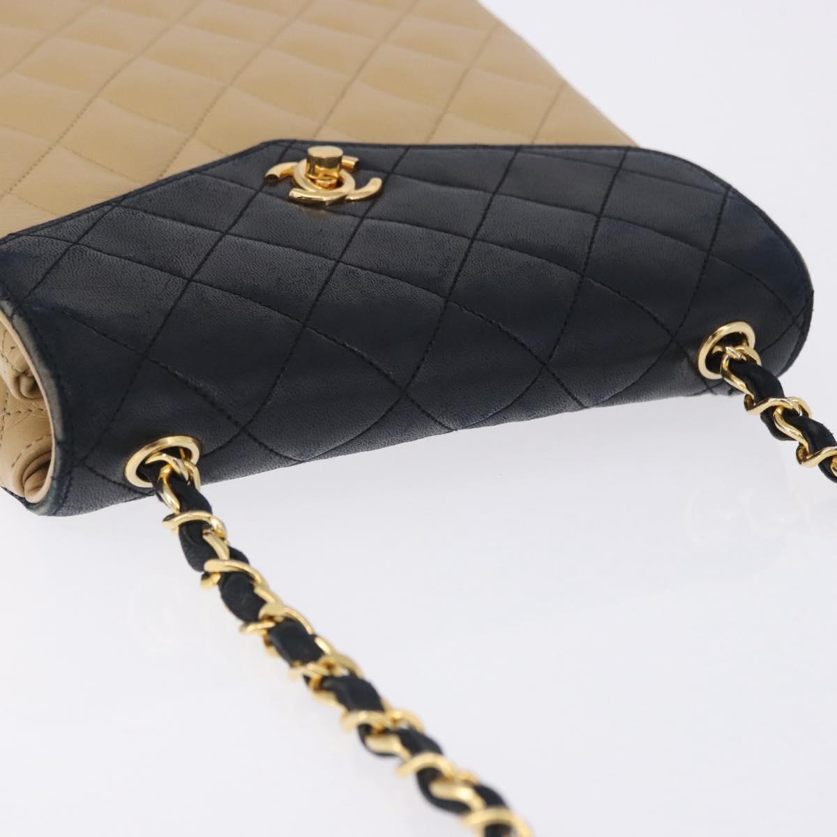 CHANEL Matelasse Chain Shoulder Bag Lamb Skin Beige Gold CC Auth 204855A