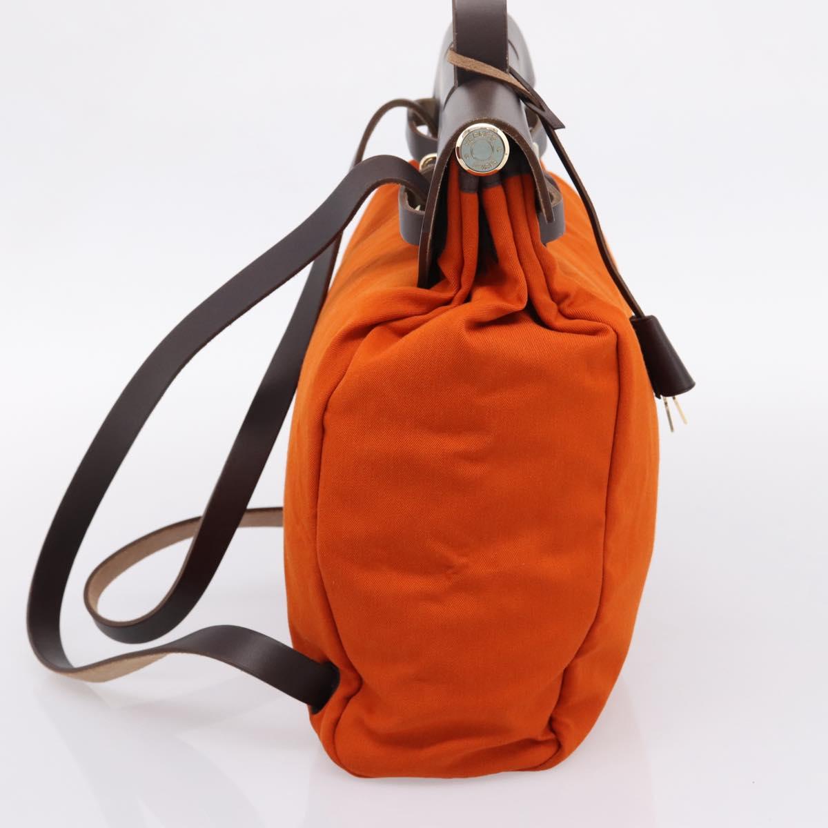 HERMES Herbag Ad PM Backpack Canvas Leather 2way Orange Gold Auth 204861M