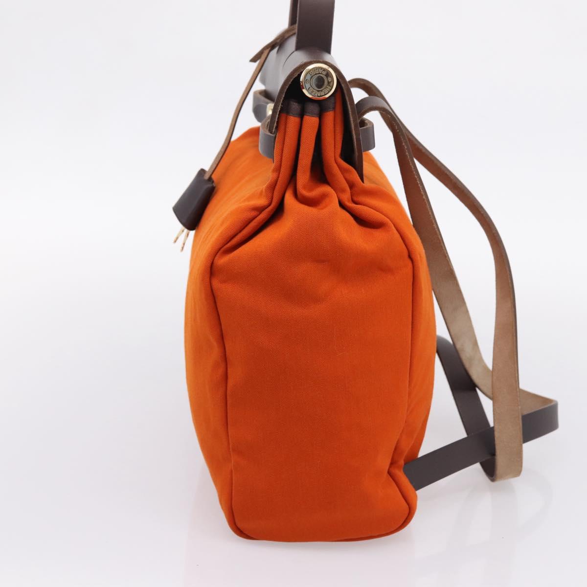 HERMES Herbag Ad PM Backpack Canvas Leather 2way Orange Gold Auth 204861M