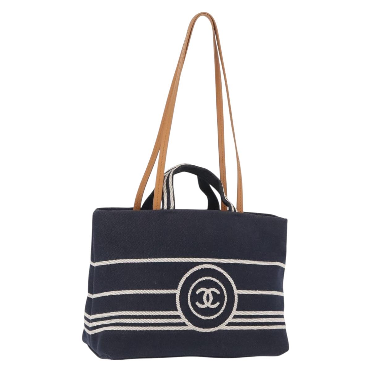 CHANEL Hand Bag Canvas 2way Navy Silver CC Auth 204878V