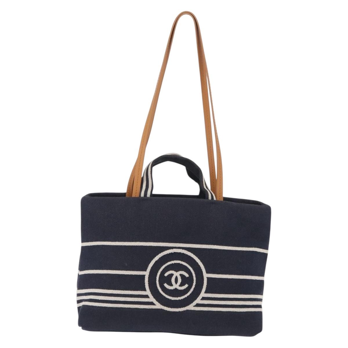 CHANEL Hand Bag Canvas 2way Navy Silver CC Auth 204878V