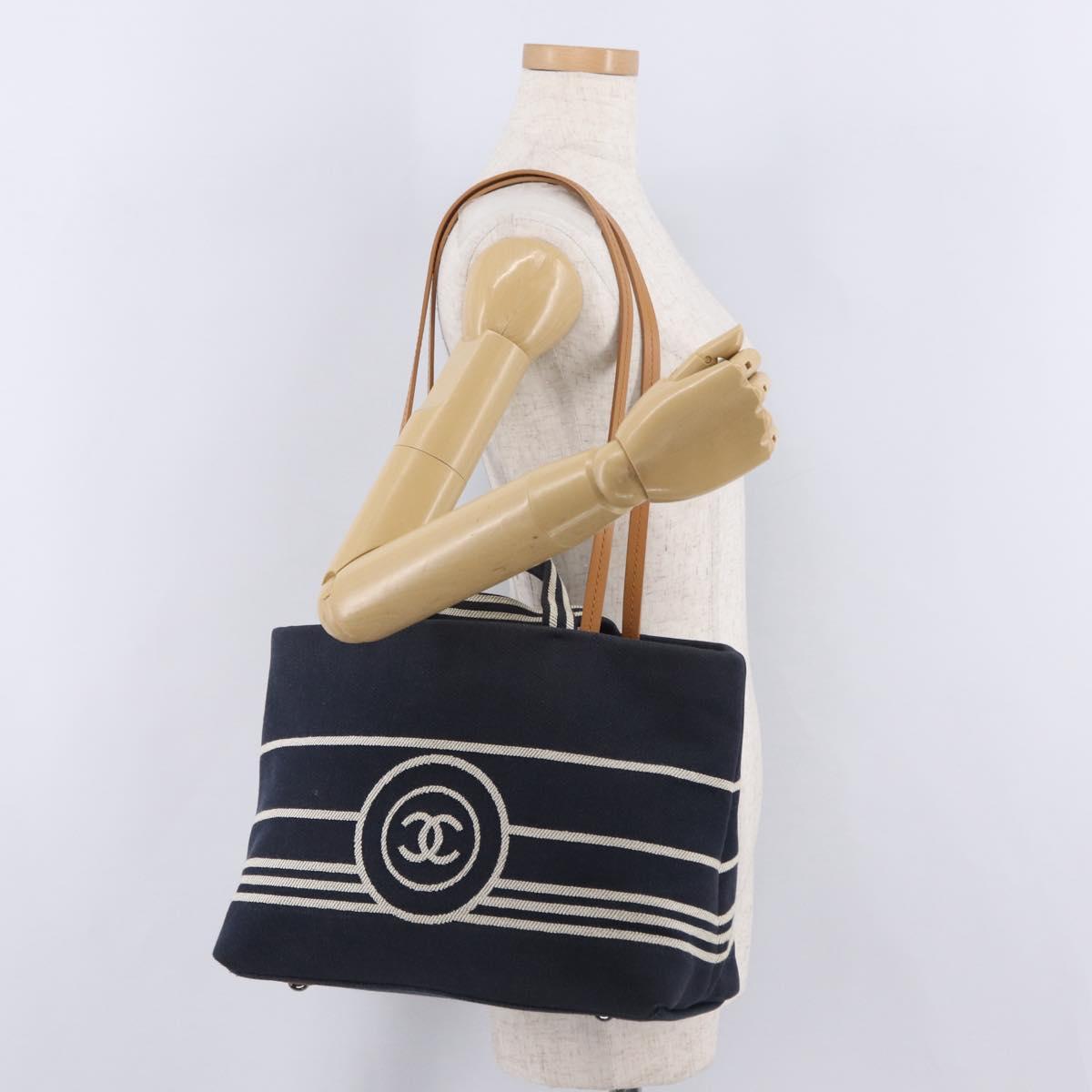CHANEL Hand Bag Canvas 2way Navy Silver CC Auth 204878V