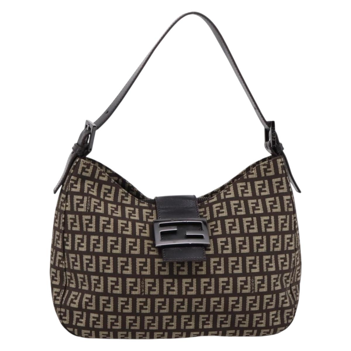 FENDI Zucchino Canvas Mamma Baguette Shoulder Bag Brown Silver Auth 204892V