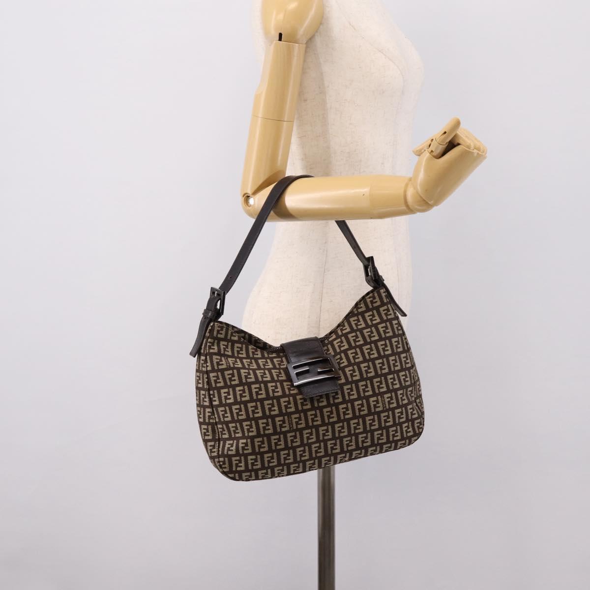 FENDI Zucchino Canvas Mamma Baguette Shoulder Bag Brown Silver Auth 204892V