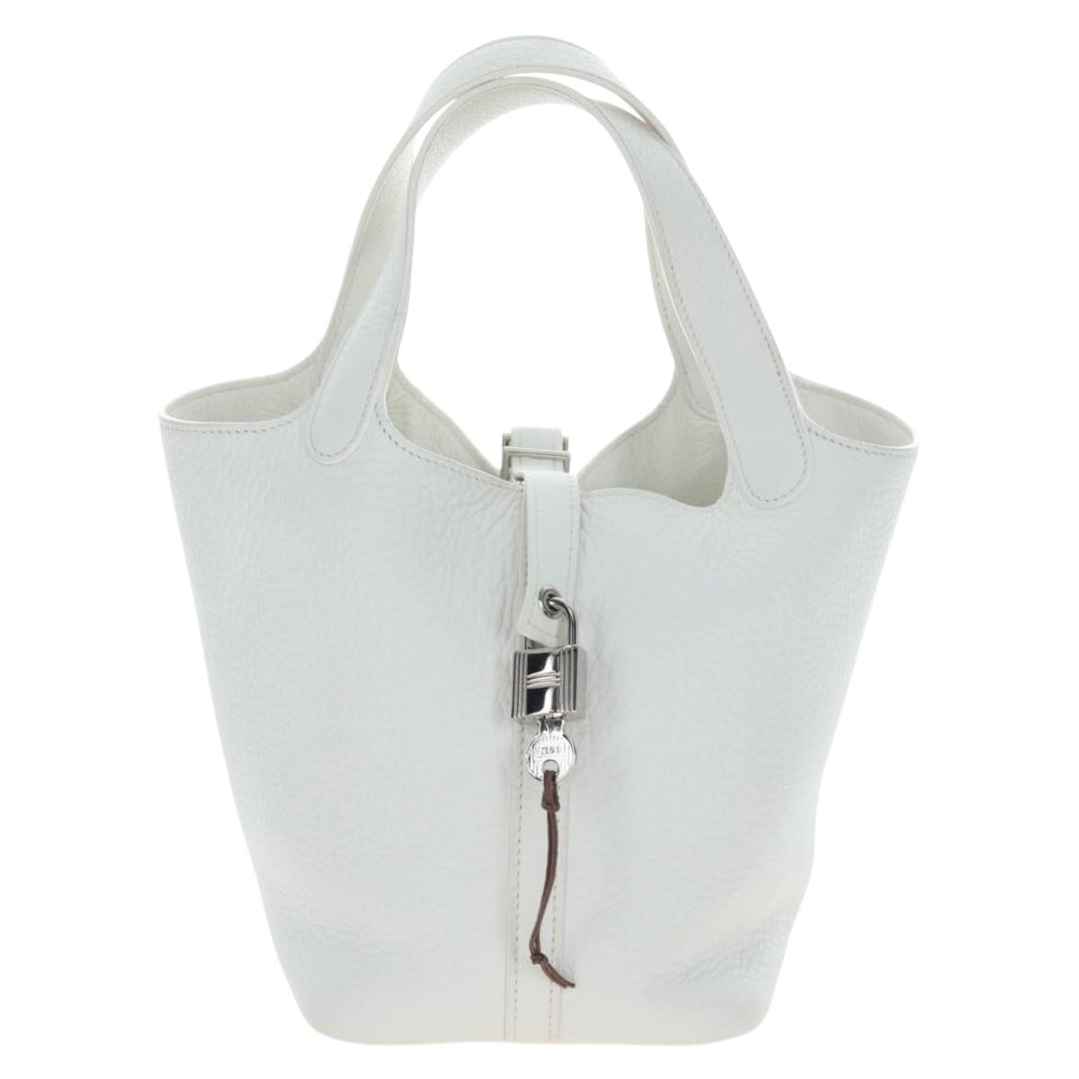 HERMES Picotan Lock PM Hand Bag Taurillon Leather White Silver Auth 204895SAM