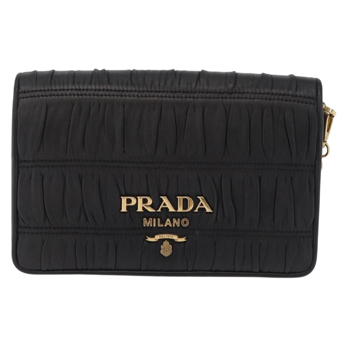 PRADA Gathered Chain Shoulder Bag Leather Black Gold Auth 204909A