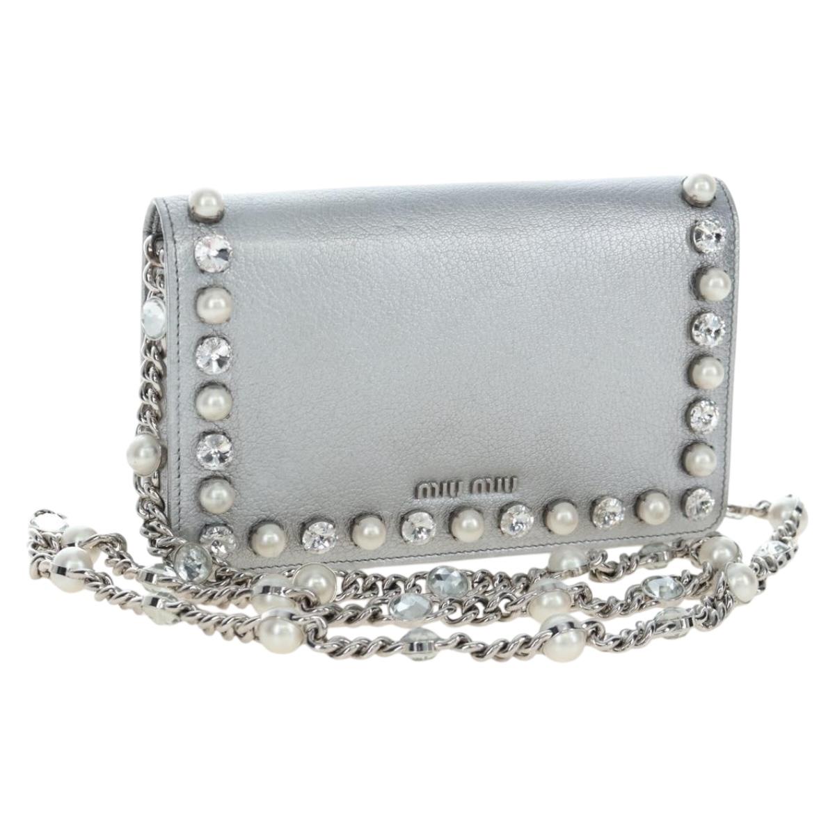 Miu Miu Chain Shoulder Bag Leather Silver Auth 204916M