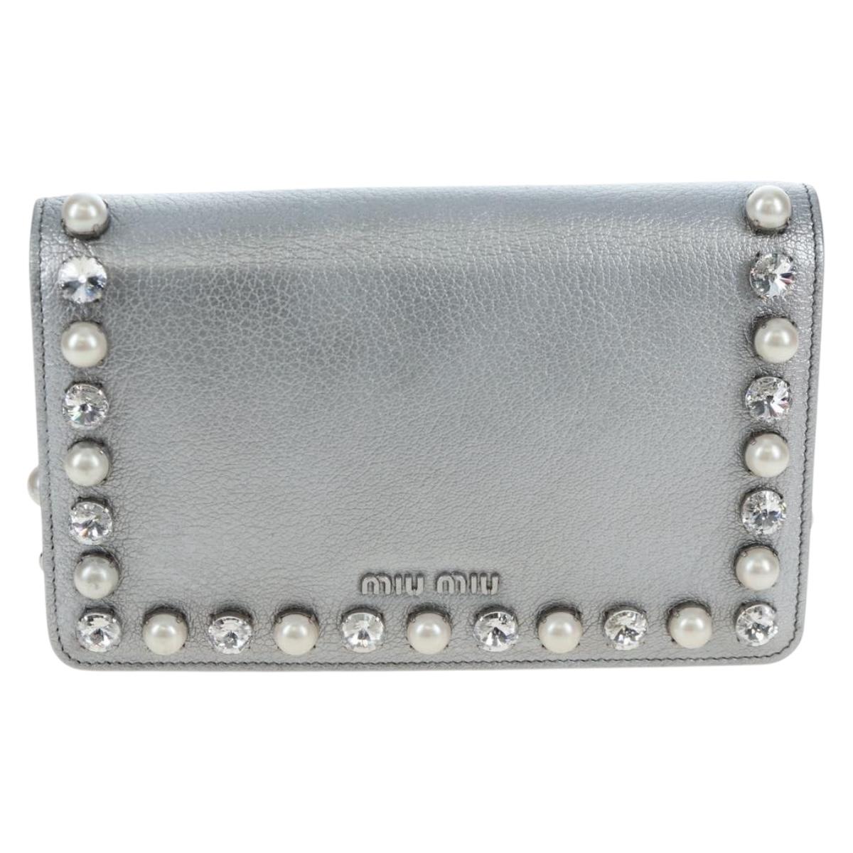 Miu Miu Chain Shoulder Bag Leather Silver Auth 204916M