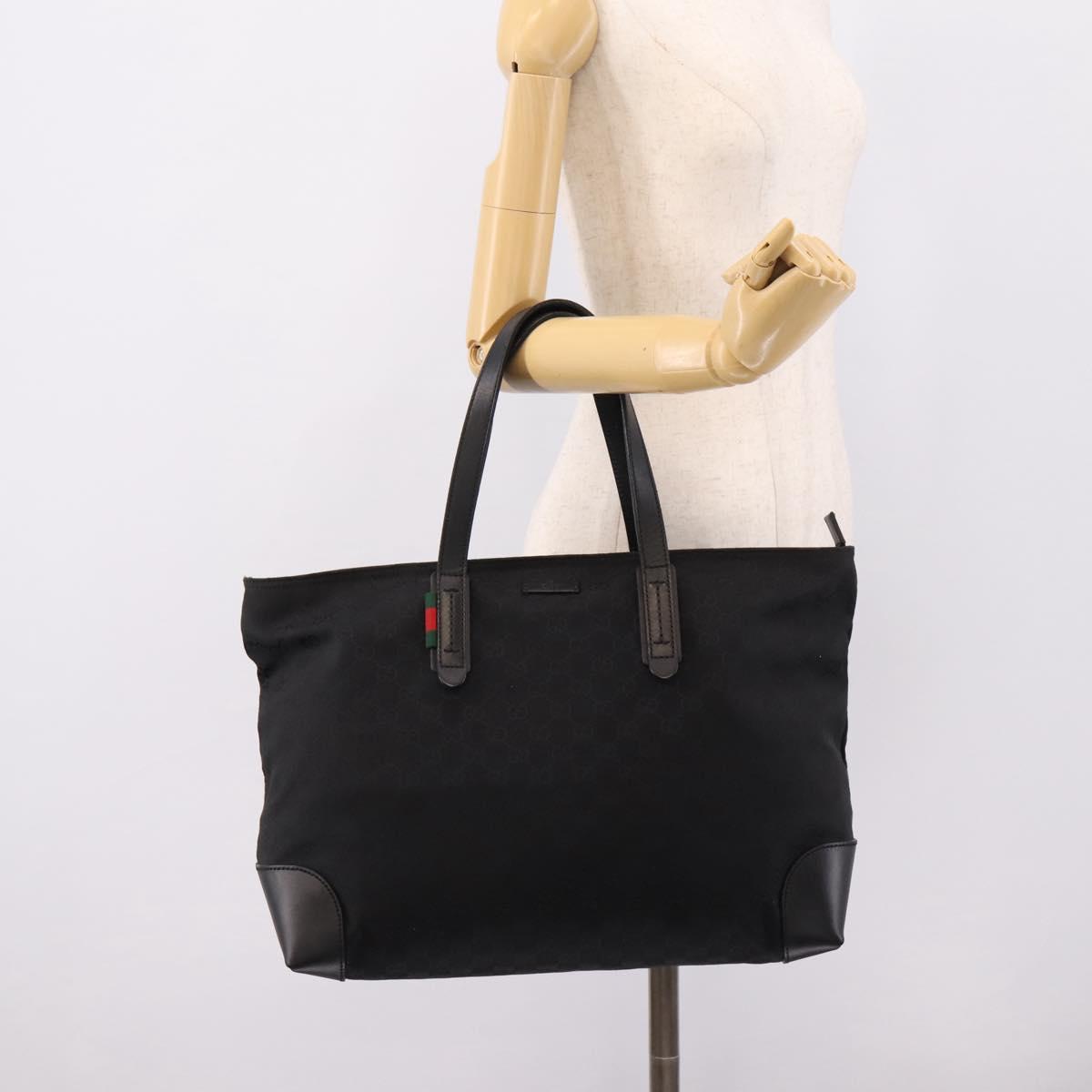 GUCCI GG Canvas Web Sherry Line Tote Bag Black Silver 308928 Auth 204924