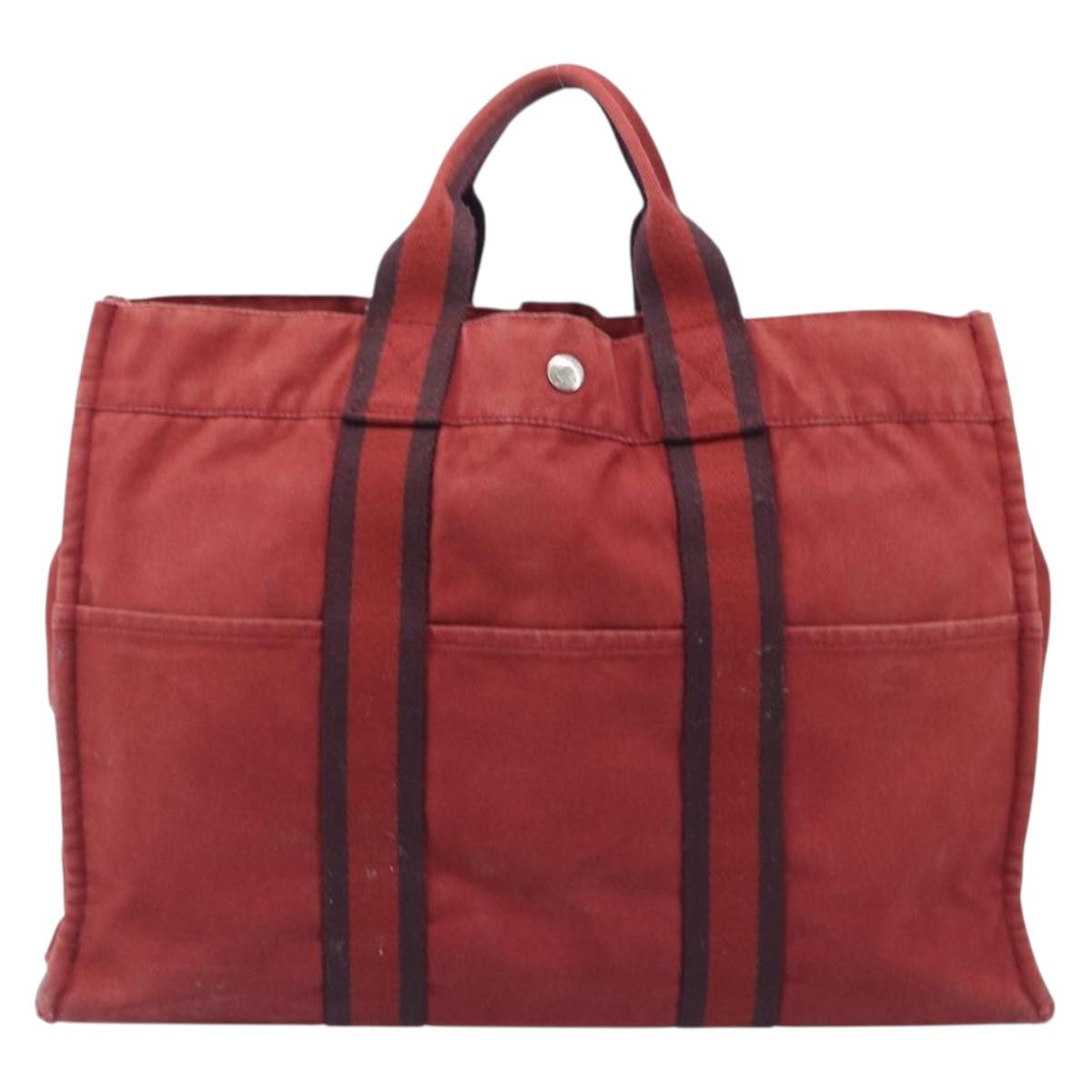 HERMES Hand Bag Canvas 2 Set Black Red Auth 204987