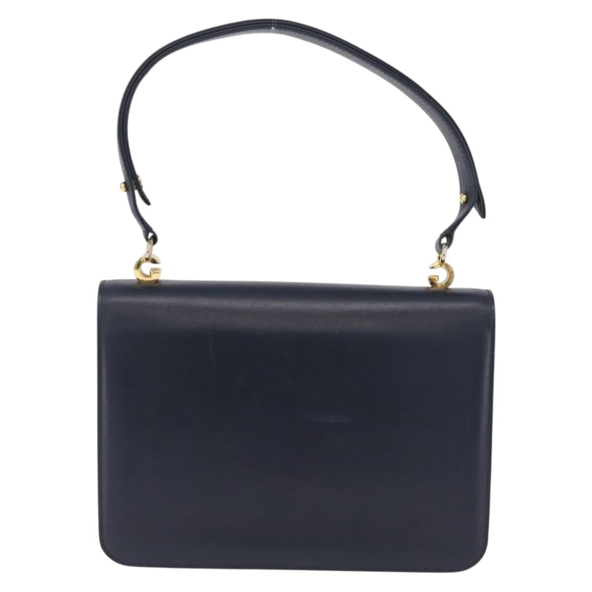 GUCCI Shoulder Bag Leather Navy Gold Auth 205027