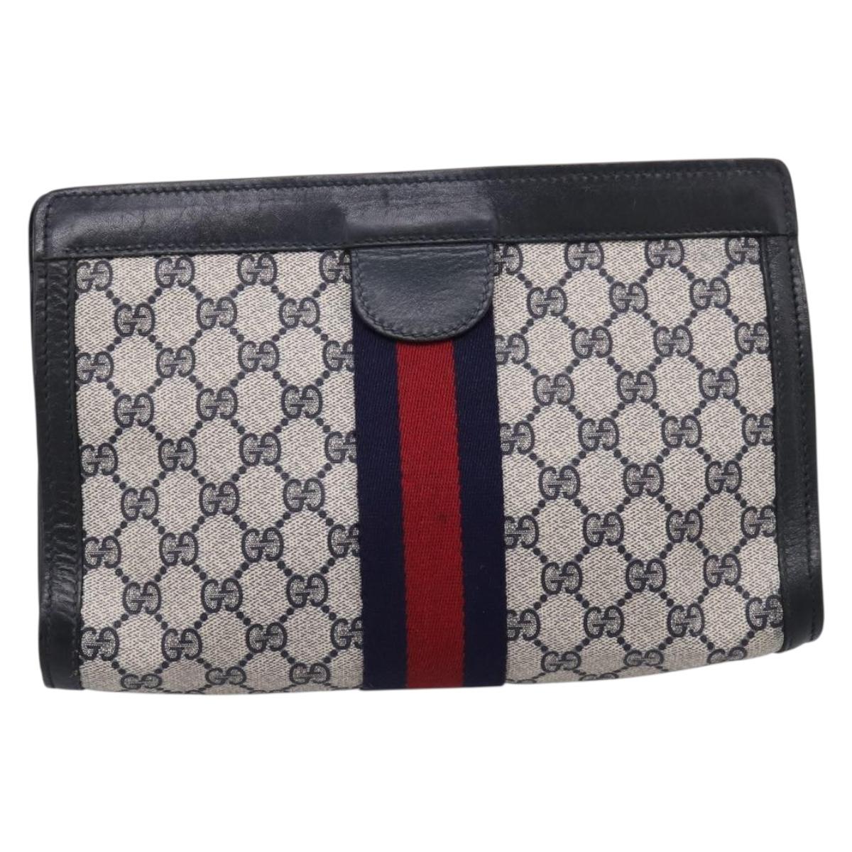 GUCCI GG Supreme Sherry Line Clutch Bag PVC Navy 37 039 2125 Auth 205042A