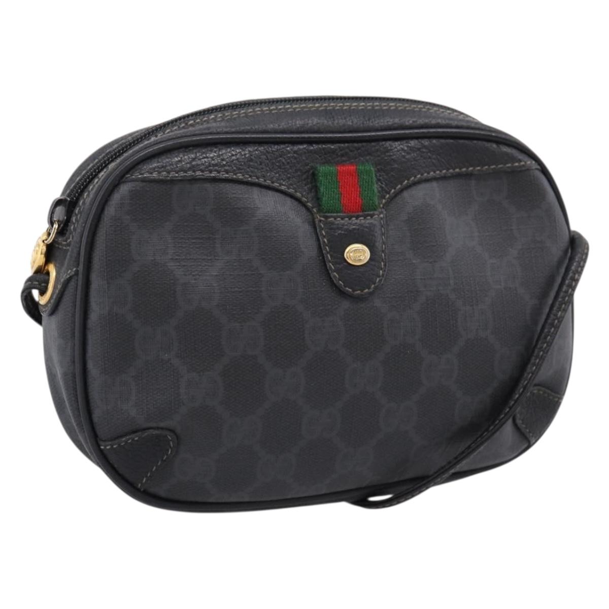 GUCCI GG Supreme Web Sherry Line Bag PVC Black Gold 156 02 066 Auth 205045