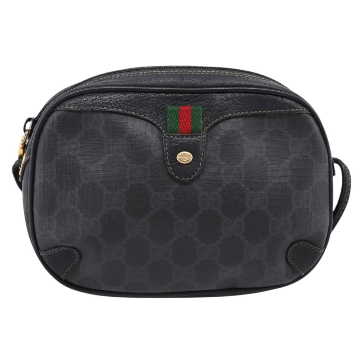 GUCCI GG Supreme Web Sherry Line Bag PVC Black Gold 156 02 066 Auth 205045