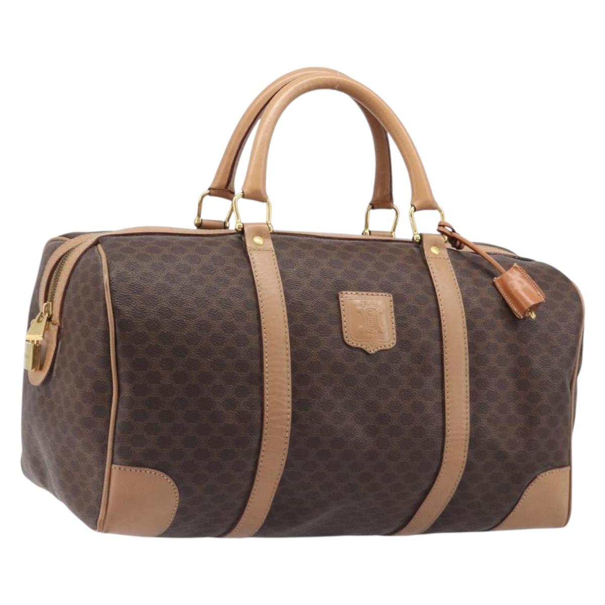CELINE Macadam Canvas Boston Bag PVC Leather Brown Gold Auth 205050V