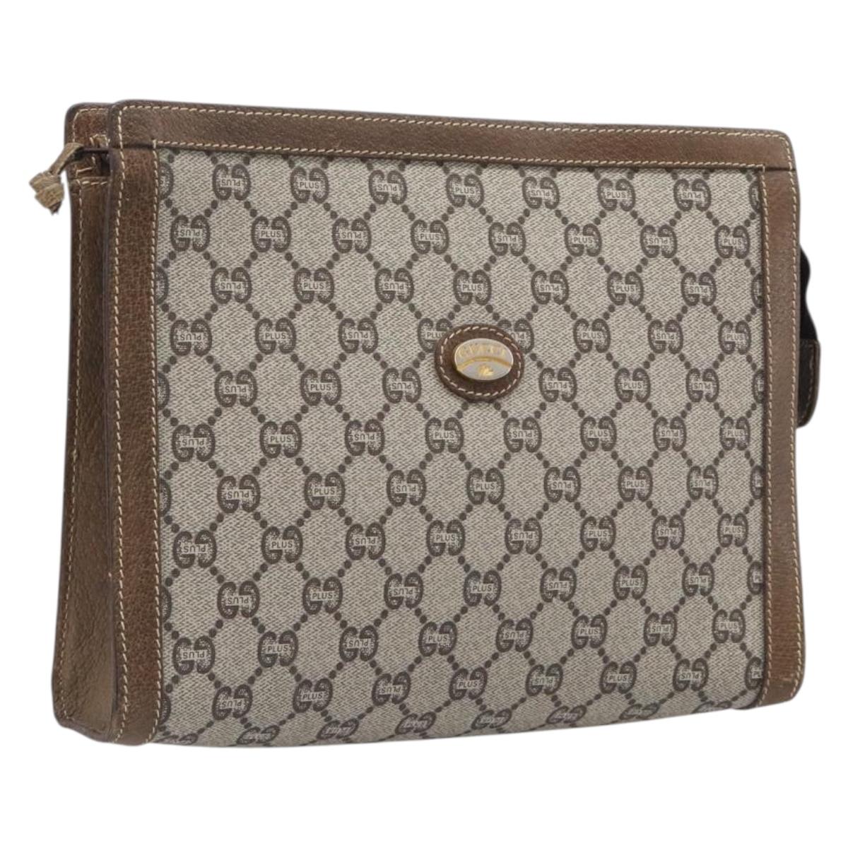 GUCCI GG Plus Supreme Clutch Bag PVC Beige Gold Auth 205064