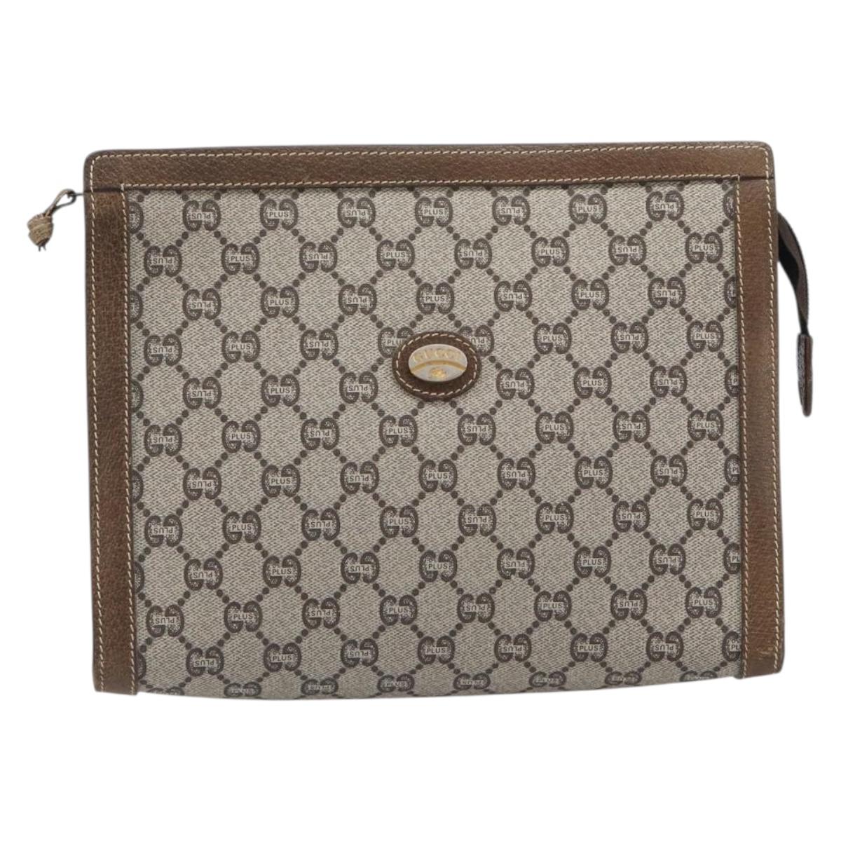 GUCCI GG Plus Supreme Clutch Bag PVC Beige Gold Auth 205064