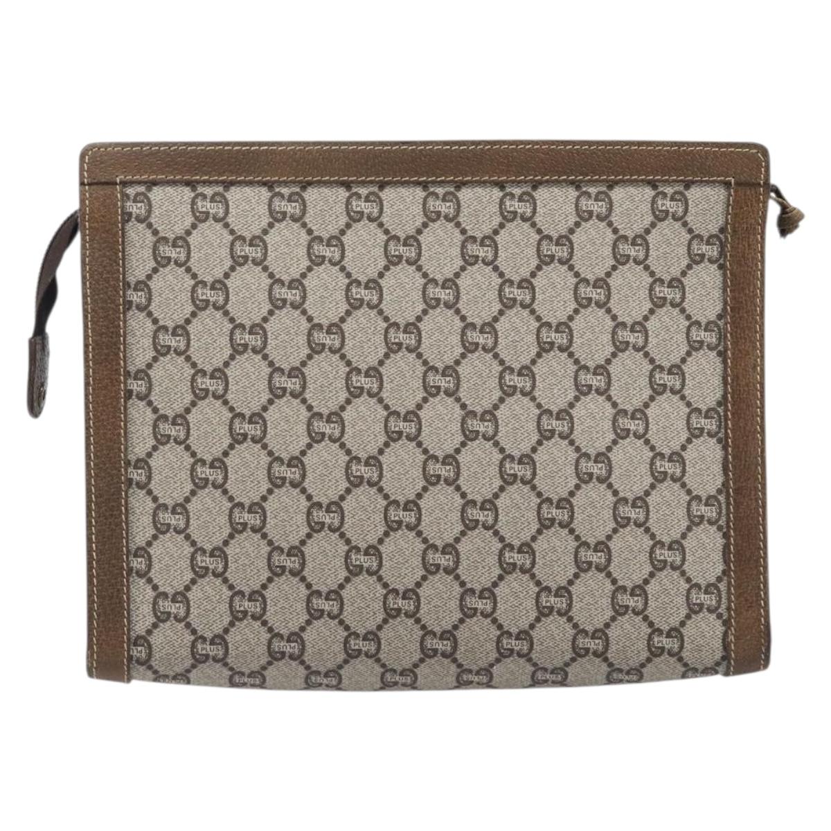 GUCCI GG Plus Supreme Clutch Bag PVC Beige Gold Auth 205064