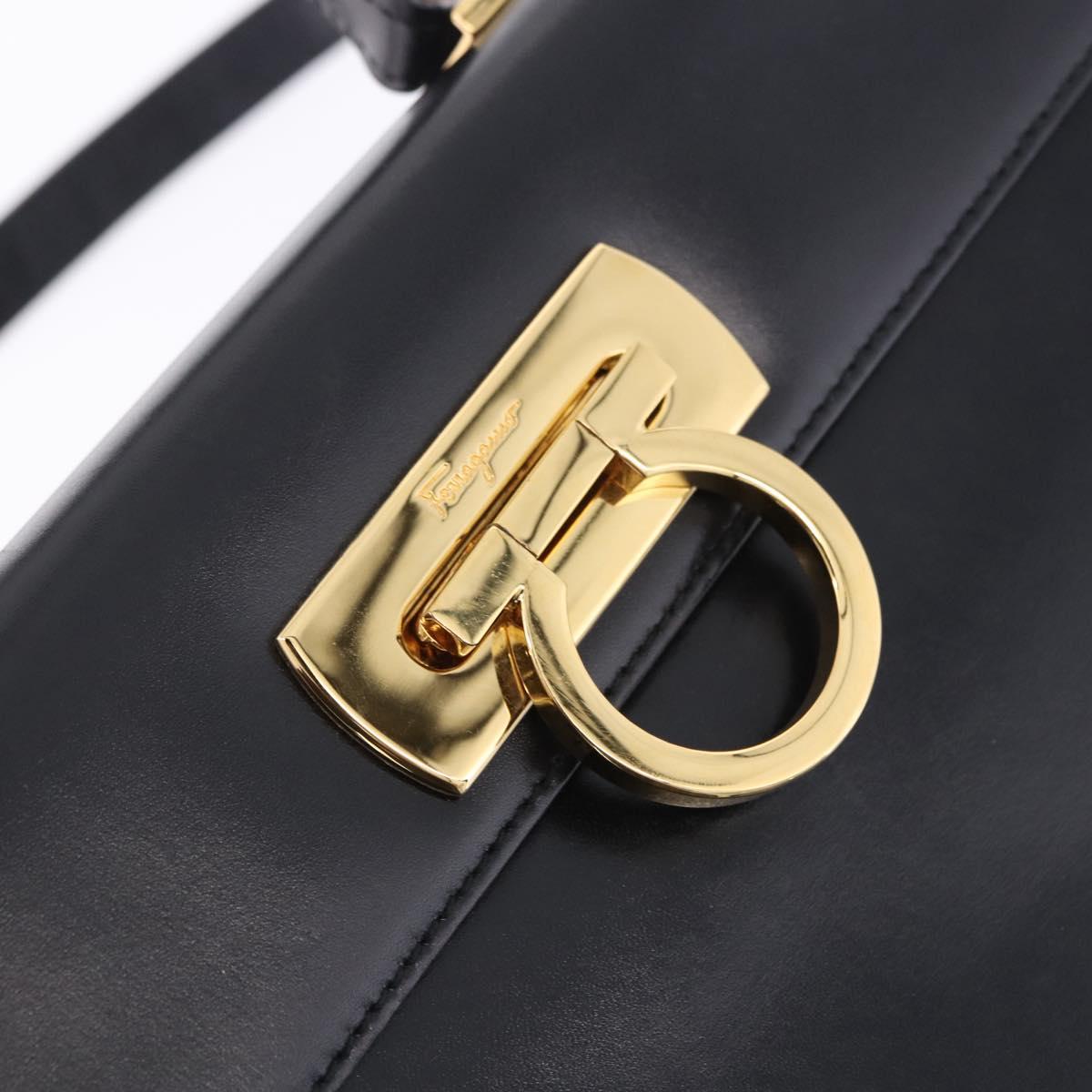 Salvatore Ferragamo Gancini Hand Bag Leather 2way Black Gold Auth 205092V