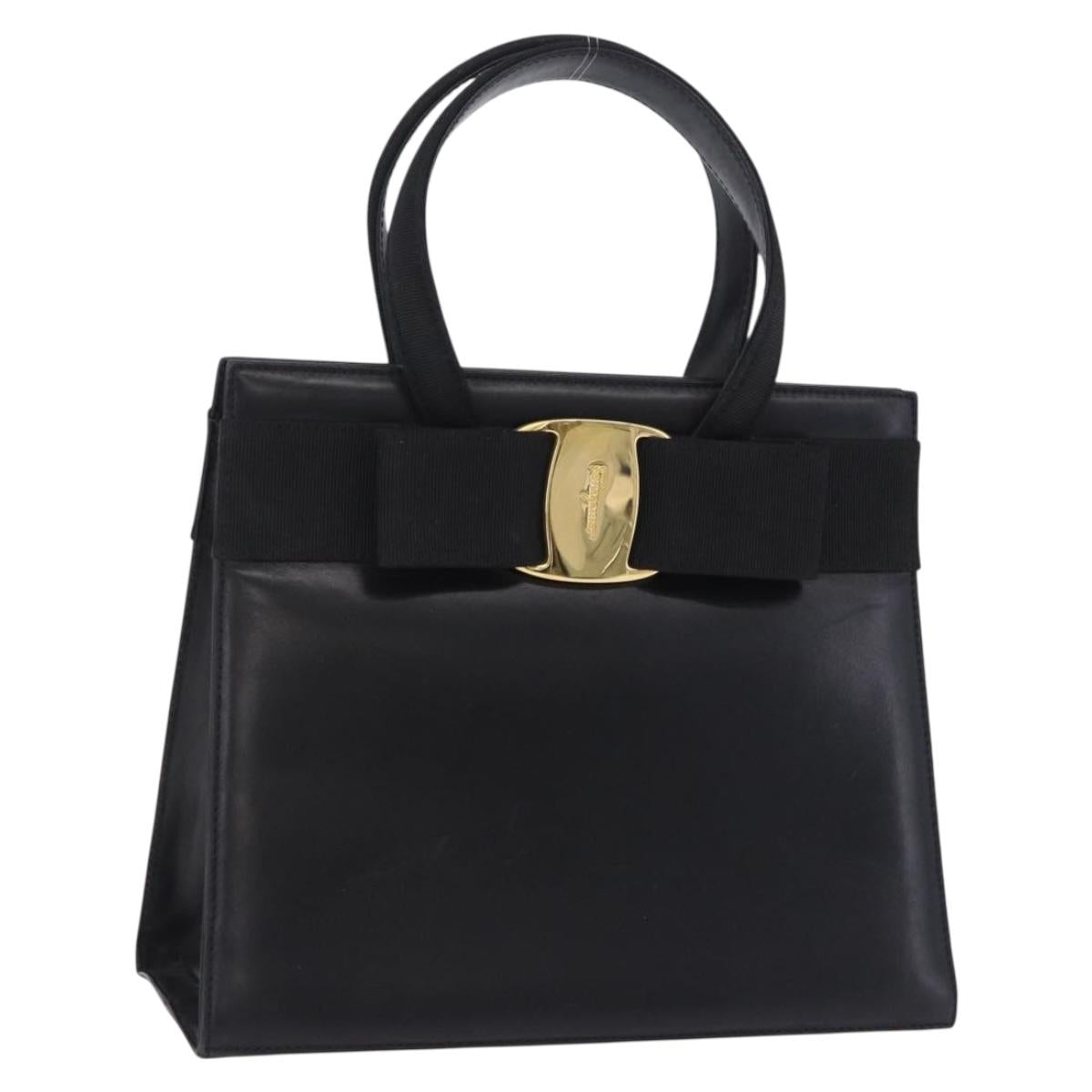Salvatore Ferragamo Vala Hand Bag Leather Black Gold Auth 205098