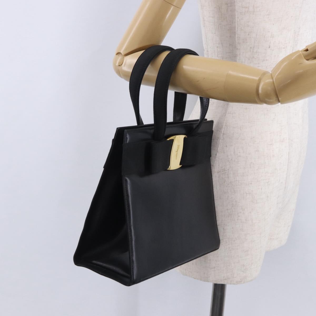 Salvatore Ferragamo Vala Hand Bag Leather Black Gold Auth 205098