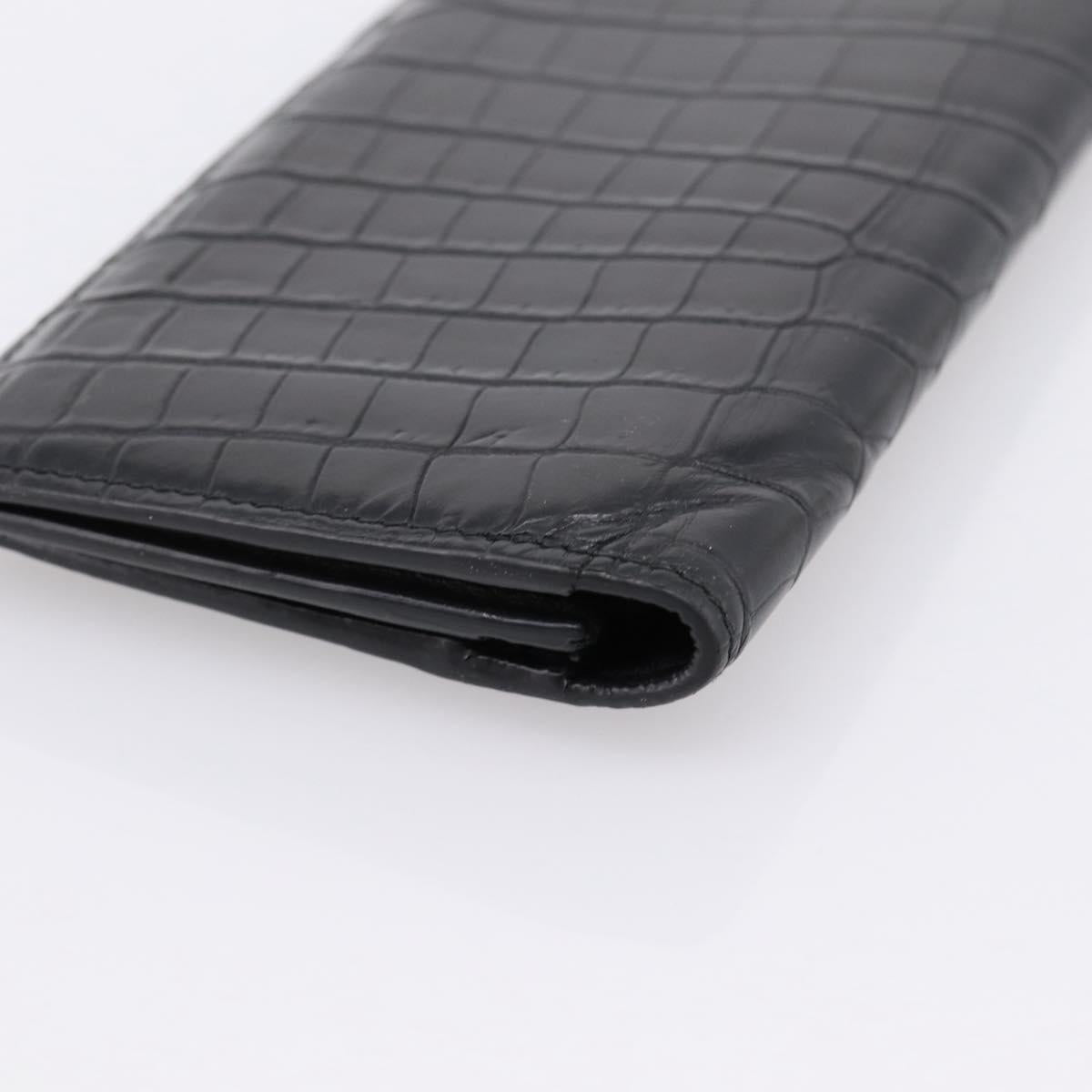 SAINT LAURENT Long Wallet Croco Embossed Black Gold Auth 205099A