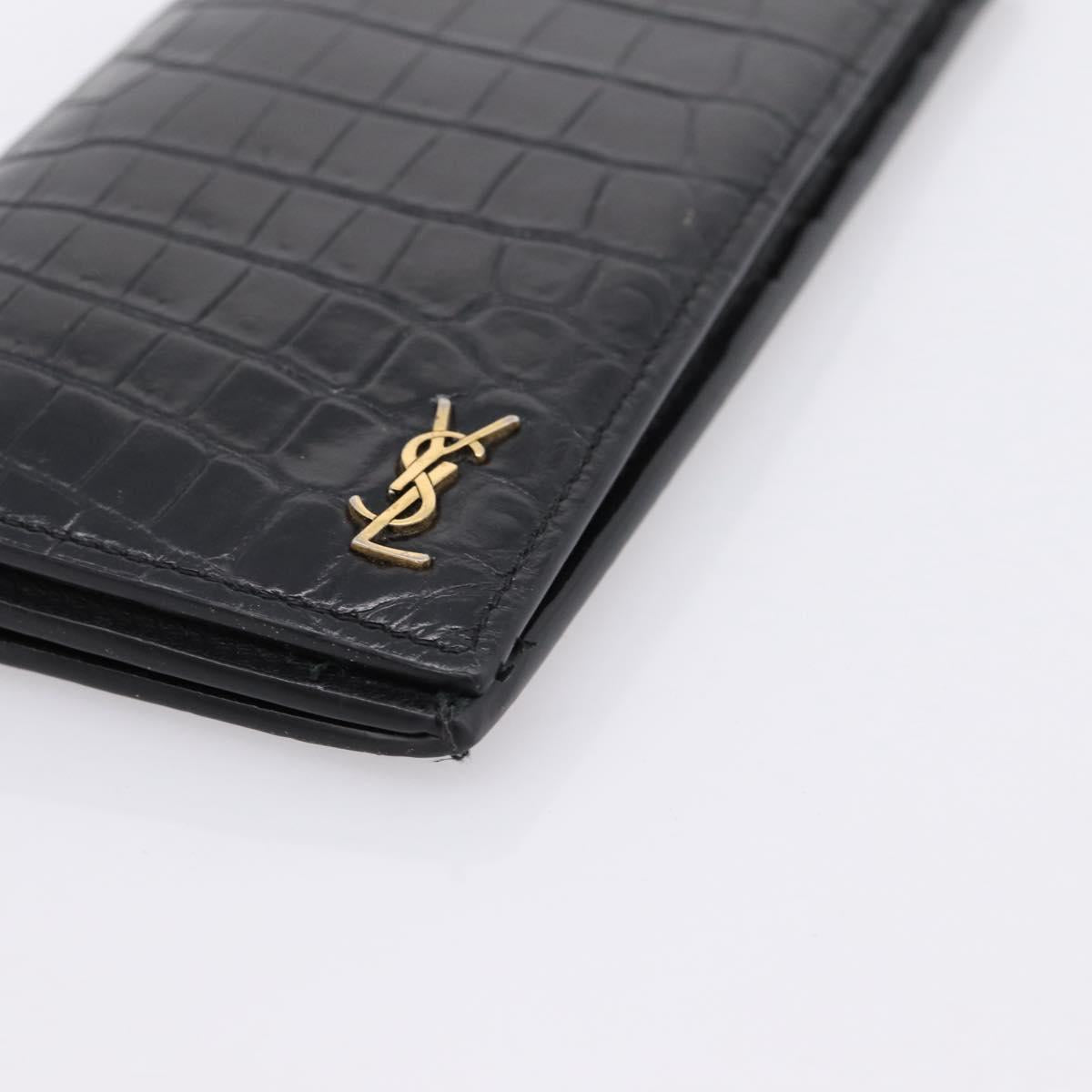 SAINT LAURENT Long Wallet Croco Embossed Black Gold Auth 205099A