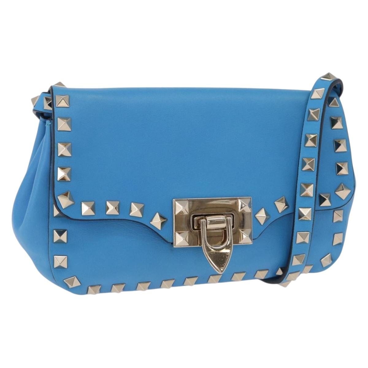 VALENTINO Studs Shoulder Bag Leather Blue Gold Auth 205104V