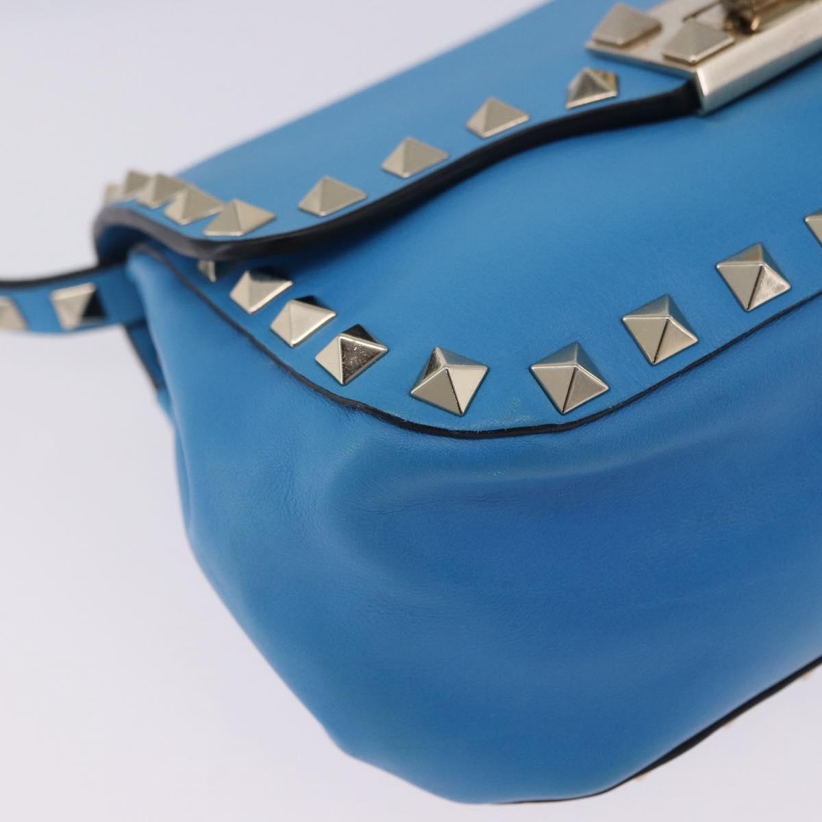 VALENTINO Studs Shoulder Bag Leather Blue Gold Auth 205104V