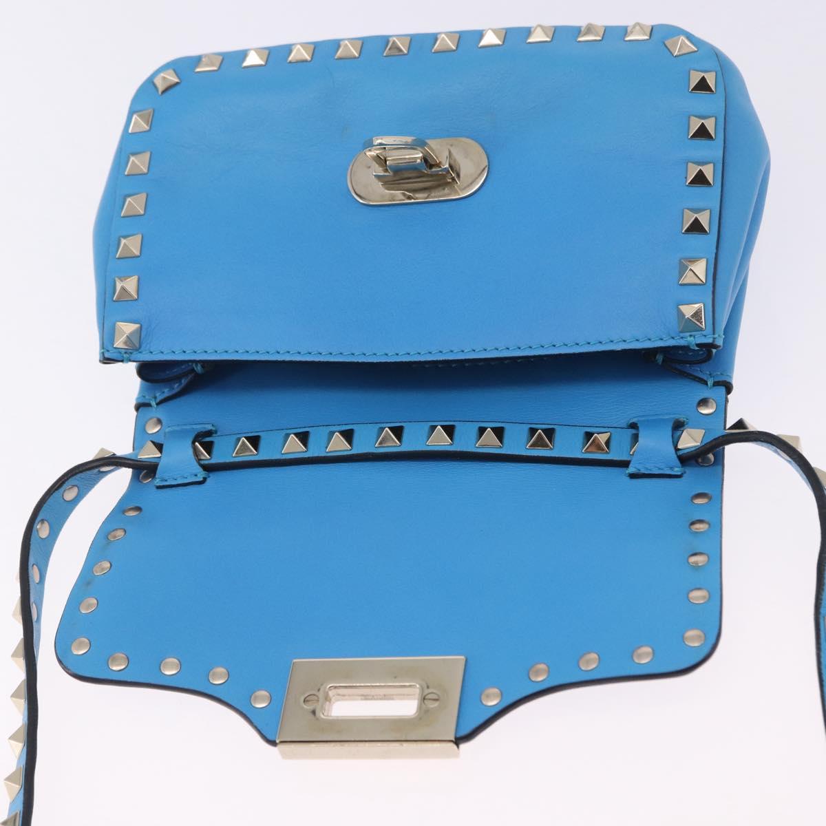VALENTINO Studs Shoulder Bag Leather Blue Gold Auth 205104V