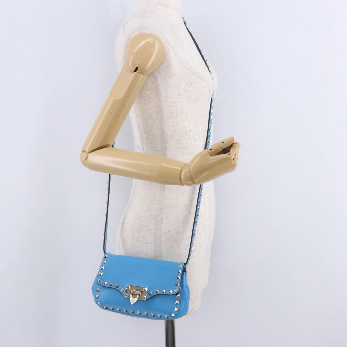 VALENTINO Studs Shoulder Bag Leather Blue Gold Auth 205104V