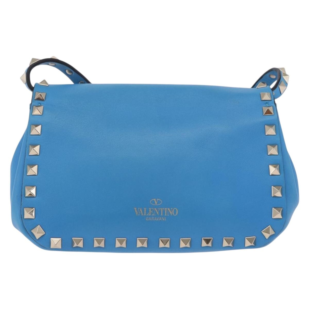 VALENTINO Studs Shoulder Bag Leather Blue Gold Auth 205104V